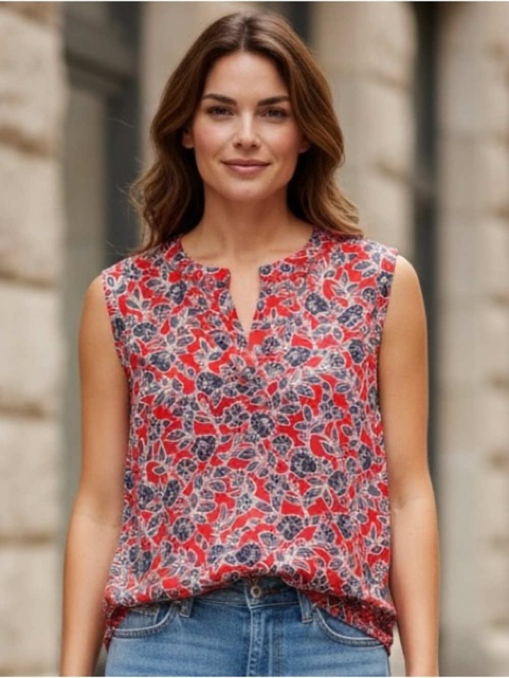 Liz Claiborne Red and Navy Floral Split-Neck Sleeveless Top